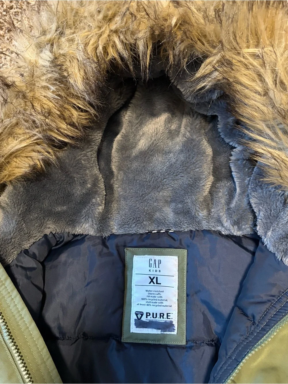 GAP Olive Green Hooded Puffer Jacket with Faux Fur Trim